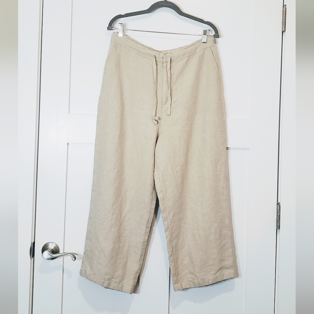Relativity Linen 100% Wide Leg Cropped High Rise Size Large Light Tan Cream